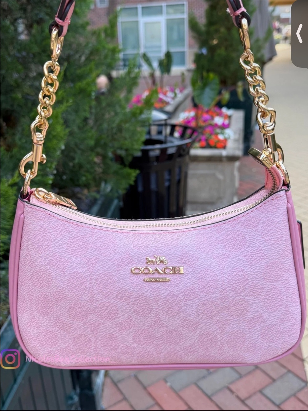Coach Pink Logo-Print Shoulder Bag with Gold Chain
